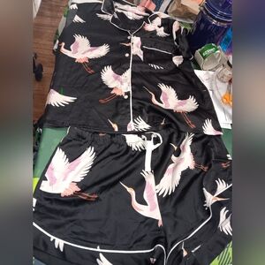 Womens Size Large, Stars Above Black Crane Print Pajama Set